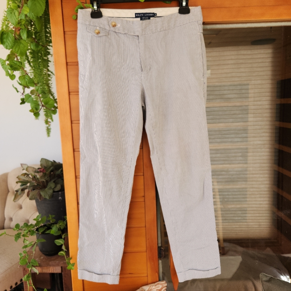 Ralph Lauren Blue Gray Cotton Striped Seersucker Pants Costal Boho 4